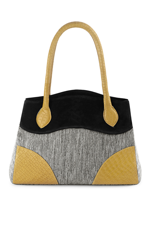 Ash grey, matt black and mustard yellow women's dress handbag, matching pumps and belts. Top view - Florence KOOIJMAN